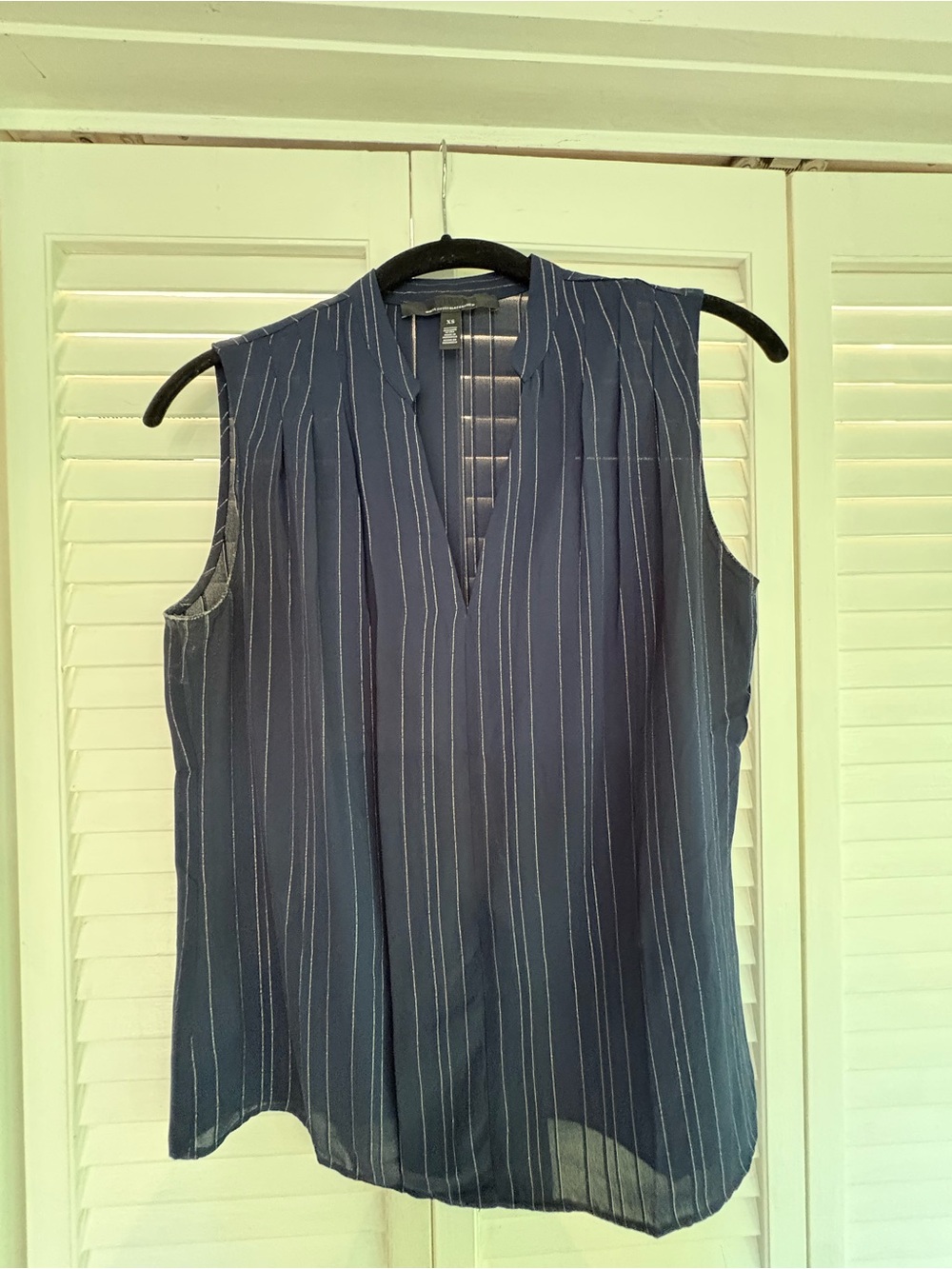 White House Black Market Navy and Silver Pinstripe Sleeveless V-Neck Blouse